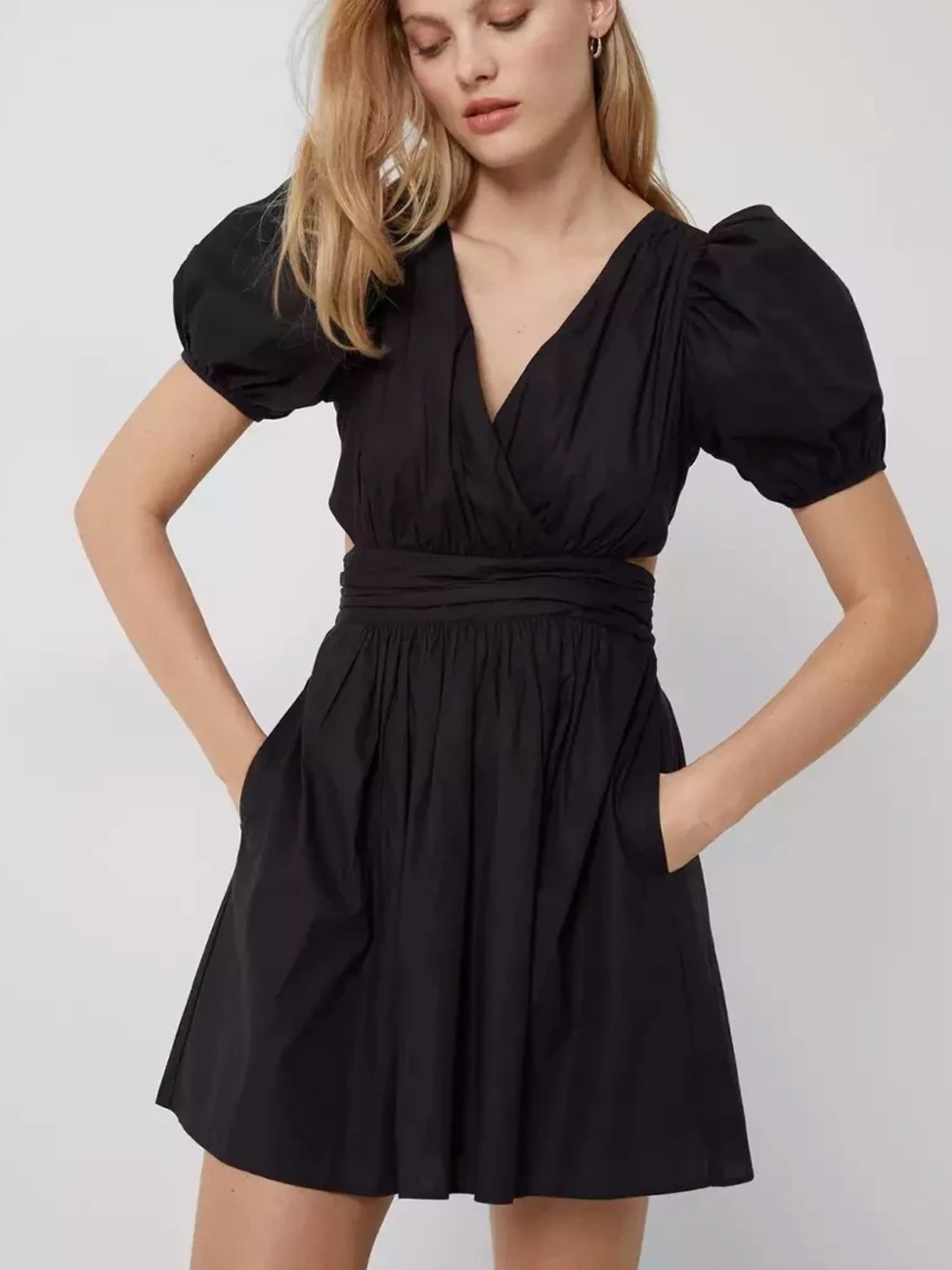 FRENCH CONNECTION Puff-Sleeve V-Neck Mini Dress with Cutout Waist